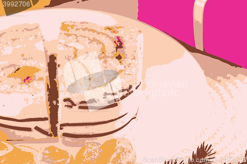 Image of sweet cake on white plate and fruits vector illustration