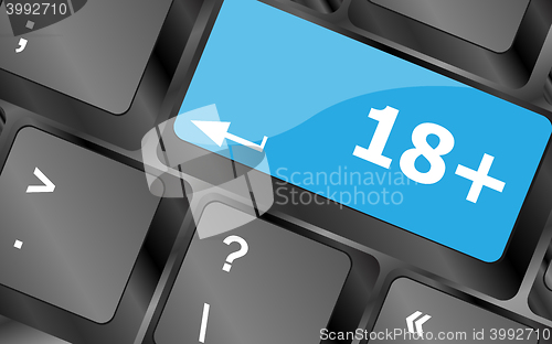 Image of 18 plus button on computer keyboard keys. Keyboard keys icon button vector