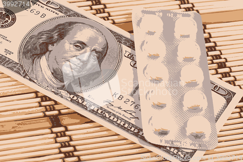 Image of Pills and american money close-up background vector illustration