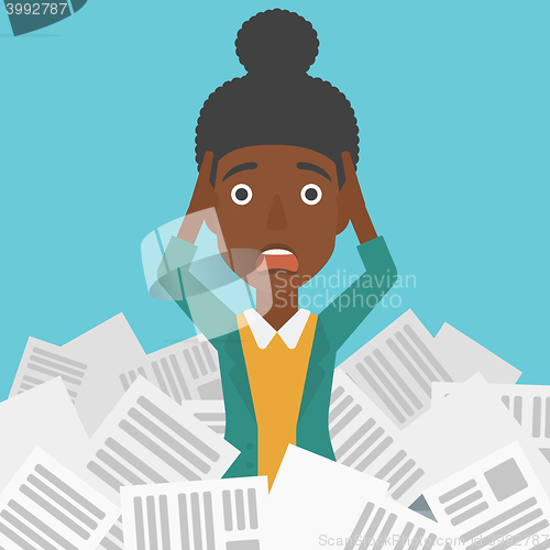 Image of Woman in stack of newspapers.