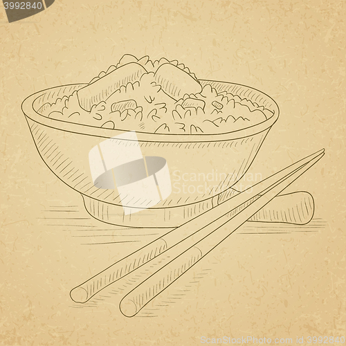 Image of Bowl of boiled rice with chopsticks.