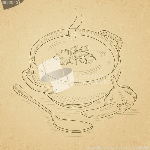 Image of Pot of hot soup.