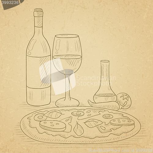 Image of Dinner with wine and pizza.