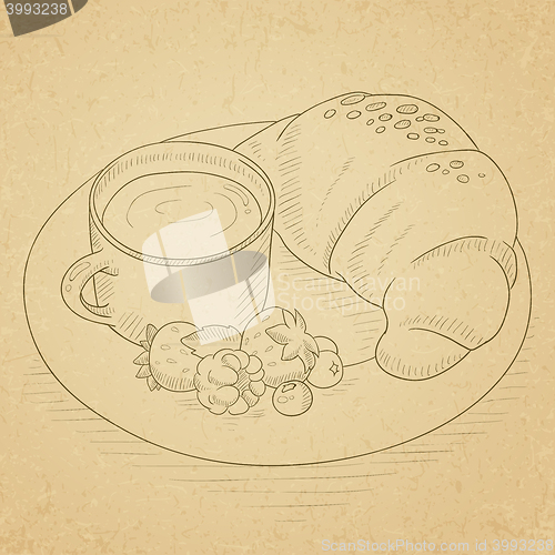 Image of Breakfast with coffee, croissant and berries.
