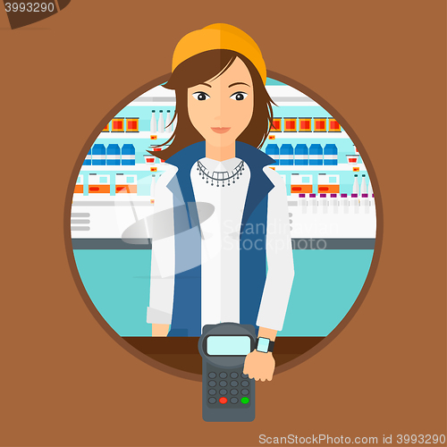Image of Woman paying wireless with smart watch.