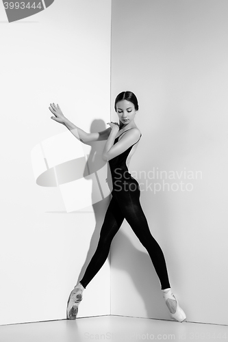 Image of Ballerina in black outfit posing on pointe shoes, studio background.