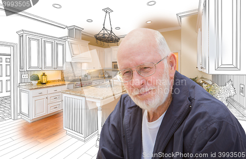 Image of Senior Man Over Custom Kitchen Design Drawing and Photo