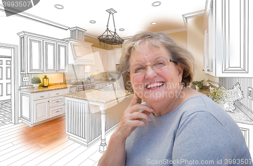 Image of Senior Woman Over Custom Kitchen Design Drawing and Photo