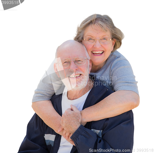 Image of Happy Senior Couple Hugging and Laughing on White