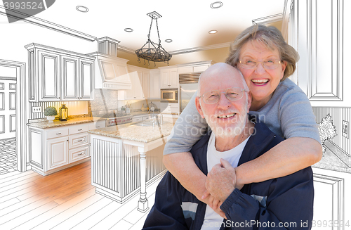 Image of Senior Couple Over Custom Kitchen Design Drawing and Photo