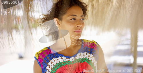 Image of Serious woman under thatch beach umbrella