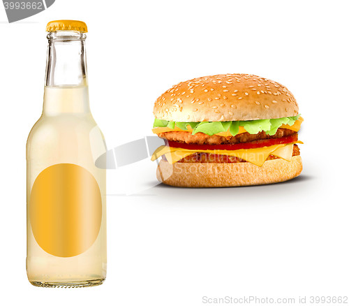 Image of Bottle of yellow lemonade with cheeseburger