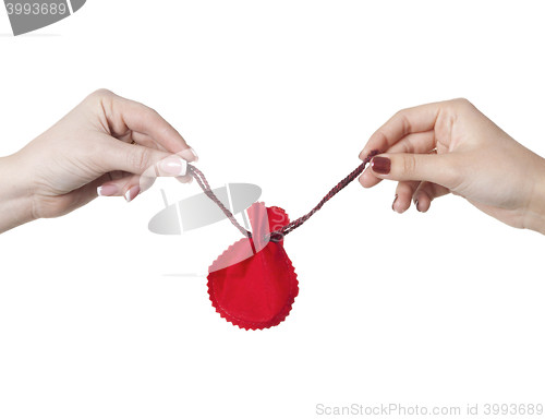 Image of two woman hands hold Christmas gift bag