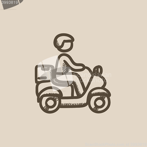 Image of Man carrying goods on bike sketch icon.