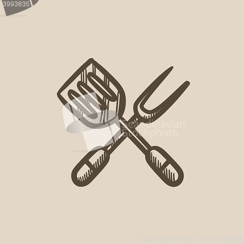 Image of Kitchen spatula and big fork sketch icon.
