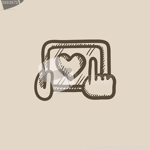 Image of Hands holding tablet with heart sign sketch icon.