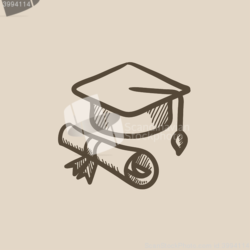 Image of Graduation cap with paper scroll sketch icon.