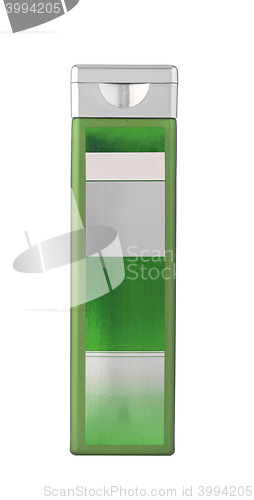 Image of Green shampoo bottle on white isolated