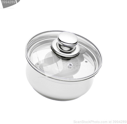 Image of Stainless pan with glass cover isolated on a white background