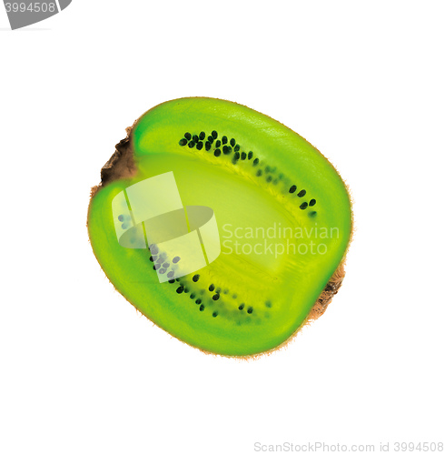 Image of Half a kiwi fruit over white.