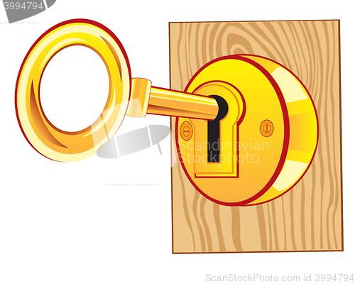 Image of Golden key in lock