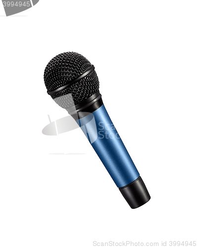 Image of blue microphone with black wire isolated on white