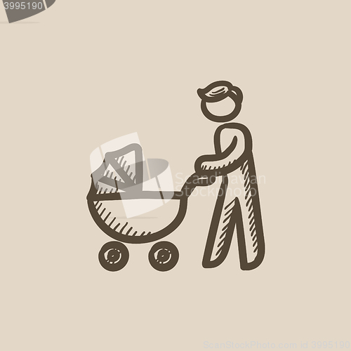 Image of Man walking with baby stroller sketch icon.