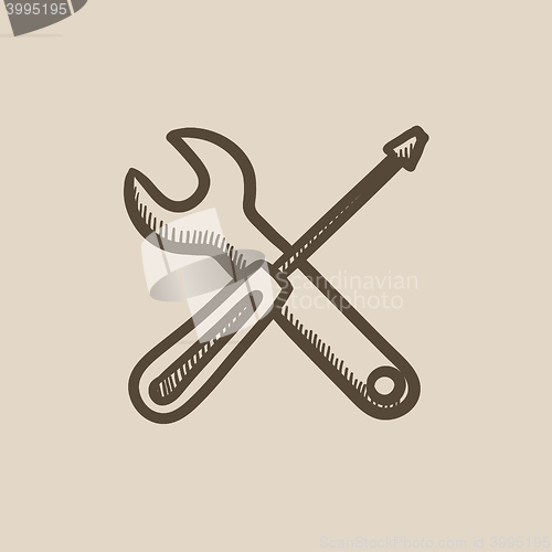 Image of Screwdriver and wrench tools sketch icon.