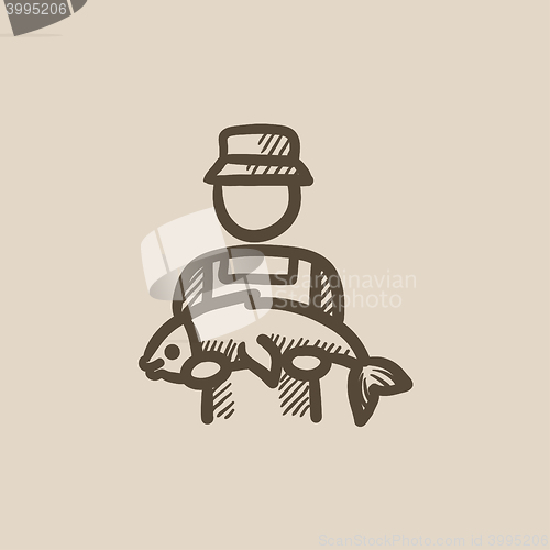 Image of Fisherman with big fish sketch icon.