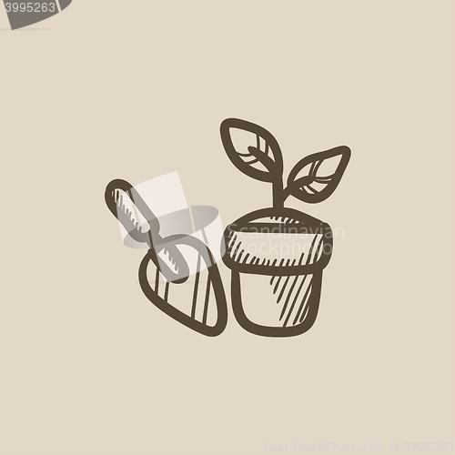 Image of Garden trowel and pot with plant sketch icon.