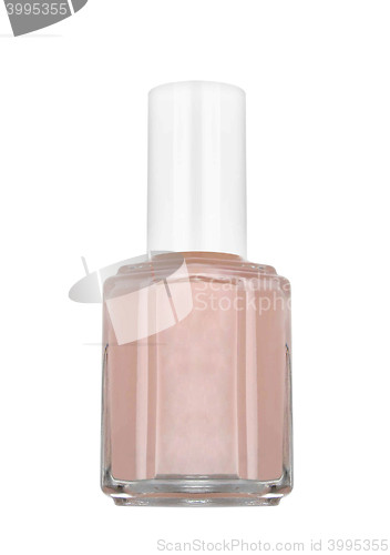 Image of bottle of beige nail polish, white background