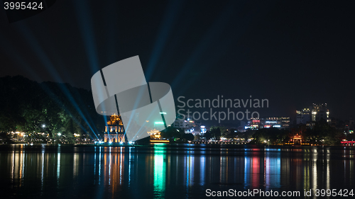 Image of Turtle Tower at Hoan Kiem Lake in night Hanoi, Vietnam