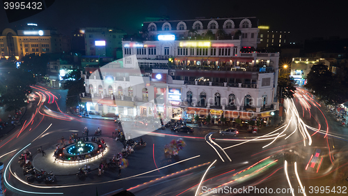 Image of Night motion shot of city traffic in night Hanoi, Vietnam