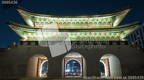 Image of Illuminated Gwanghwamun Gate in night Seoul, South Korea