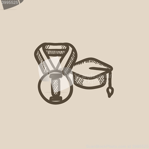 Image of Graduation cap with medal sketch icon.
