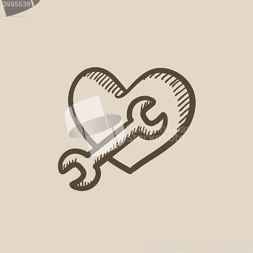 Image of Heart with wrench sketch icon.