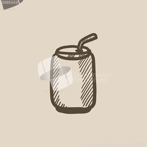 Image of Soda can with drinking straw sketch icon.