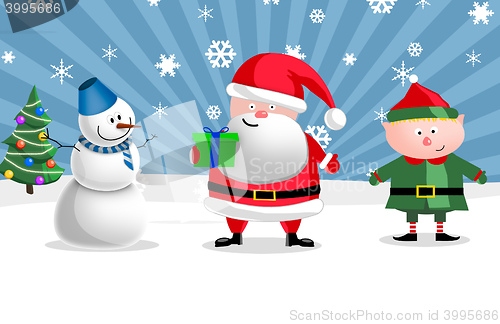 Image of Santa, gnom and snow man, illustration