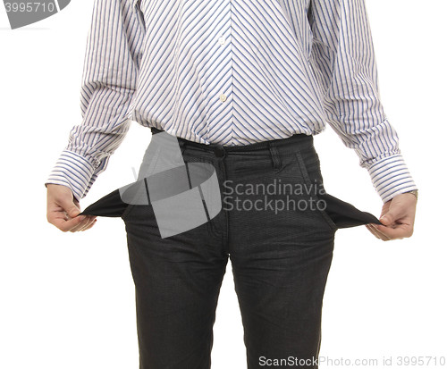 Image of businessman showing the pocket of his pants empty