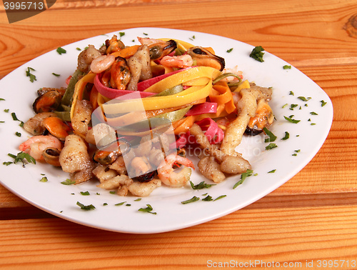 Image of background of prawns fish and spagetti with salad