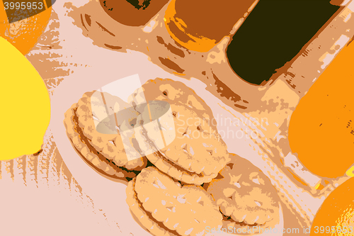 Image of sweet cake on white plate and fruits vector illustration