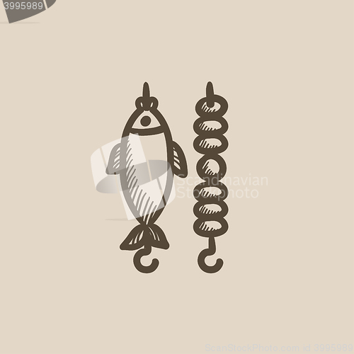Image of Shish kebab and grilled fish sketch icon.