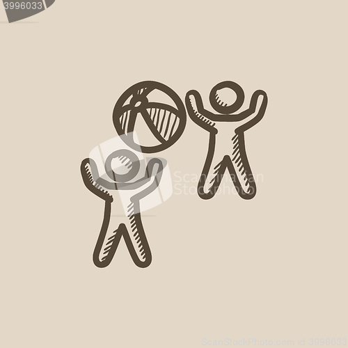 Image of Children playing with inflatable ball sketch icon.