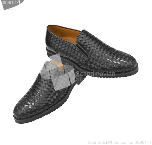 Image of pair man\'s black moccasins isolated on white background