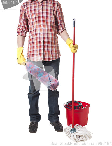 Image of Young sweeping man workwear. Isolated