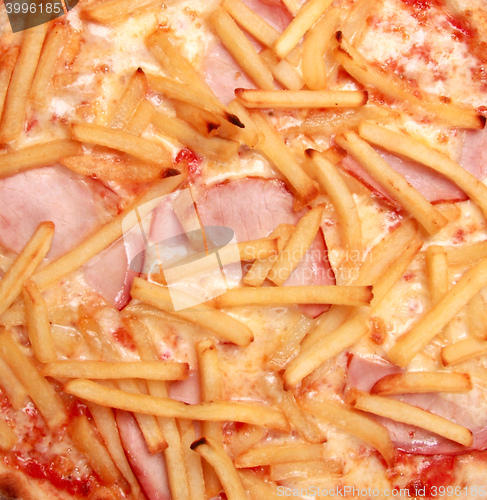 Image of French fries with meat close up