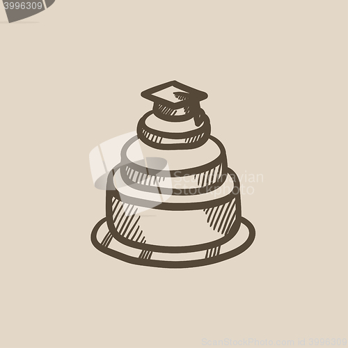 Image of Graduation cap on top of cake sketch icon.