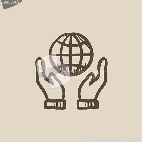 Image of Two hands holding globe sketch icon.
