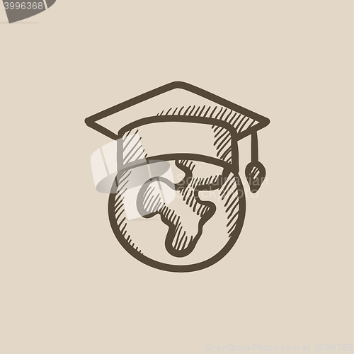 Image of Globe in graduation cap sketch icon.