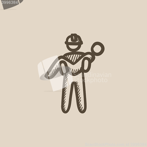 Image of Fireman holding person on hands sketch icon.